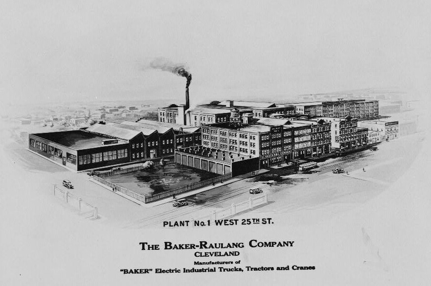 Baker Motor Vehicle Company - Rauch and Lang Carriage Company Cleveland Ohio Early 20<sup>th</sup> century lithograph shewing aerial view, looking west