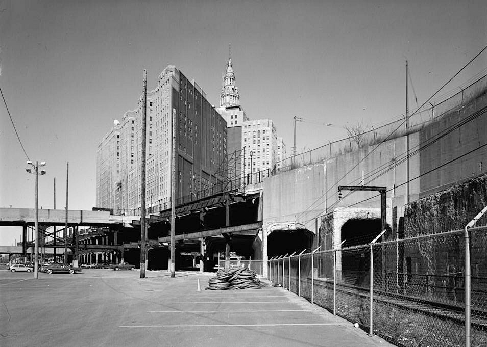 Terminal Tower Building - Cleveland Union Terminal, Cleveland Ohio 1987  EAST END OF FORMER TRACK AREA, NOW A PARKING LOT, VIEW SOUTH TO NORTH