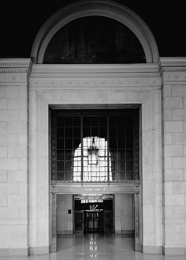 Terminal Tower Building - Cleveland Union Terminal, Cleveland Ohio 1987  PORTICO, TYPICAL ARCH ALONG MURAL WALL, VIEW TO SOUTH