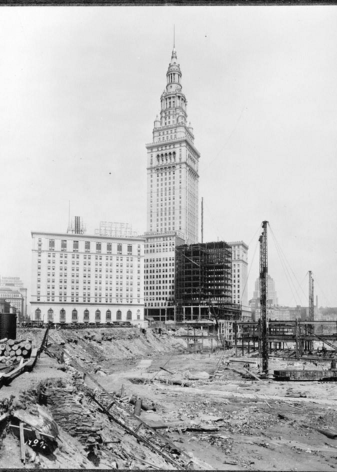 Terminal Tower Building - Cleveland Union Terminal, Cleveland Ohio Construction Photograph  EXCAVATION OF WEST APPROACH, VIEW WEST TO EAST