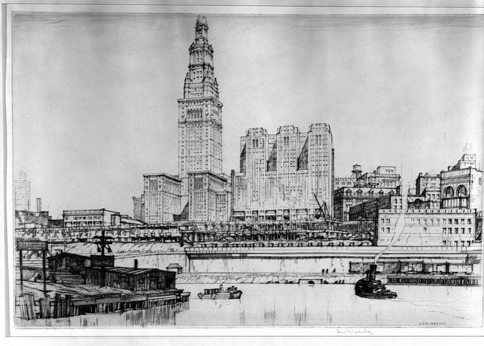 Terminal Tower Building - Cleveland Union Terminal, Cleveland Ohio Louis Rosenberg Etching (original in the Tower City Development Office, Cleveland, Ohio) SOUTH ELEVATION FROM ACROSS THE CUYAHOGA RIVER, VIEW TO NORTH