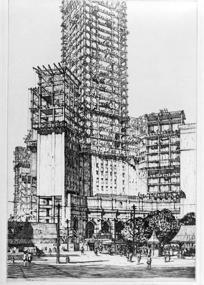 Terminal Tower Building - Cleveland Union Terminal, Cleveland Ohio Louis Rosenberg Etching (original in the Tower City Development Office, Cleveland, Ohio) TERMINAL TOWER UNDER CONSTRUCTION, PUBLIC SQUARE ELEVATION, VIEW NORTHWEST TO SOUTHEAST