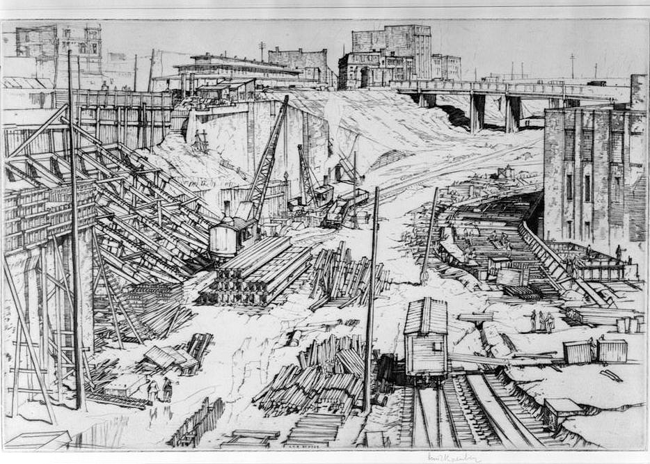 Terminal Tower Building - Cleveland Union Terminal, Cleveland Ohio Louis Rosenberg Etching (original in the Tower City Development Office) EXCAVATION OF TRACK AREA TO THE SOUTH OF HURON ROAD, VIEW WEST TO EAST