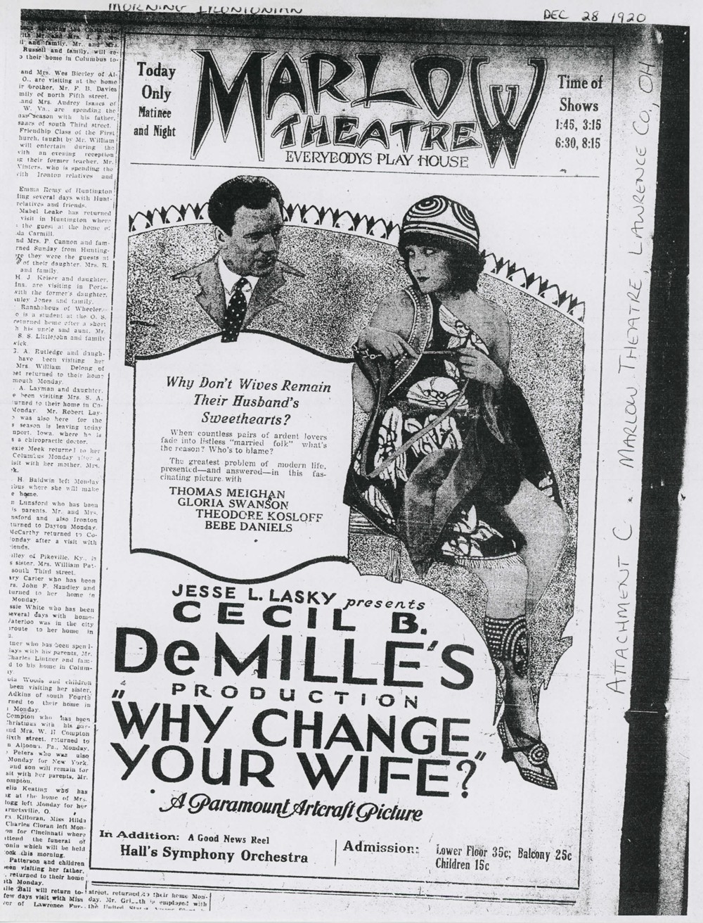 Marlow Theater, Ironton Ohio Newspaper ad (1920)