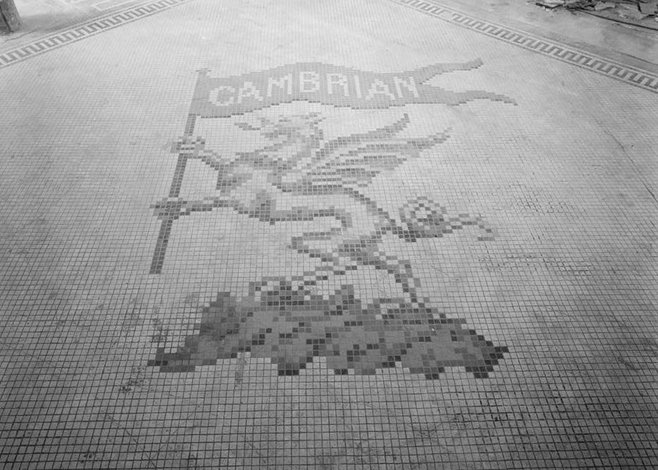 Cambrian Hotel, Jackson Ohio View of ceramic tile hotel crest, in north-west corner of floor, First Floor Hotel Lobby