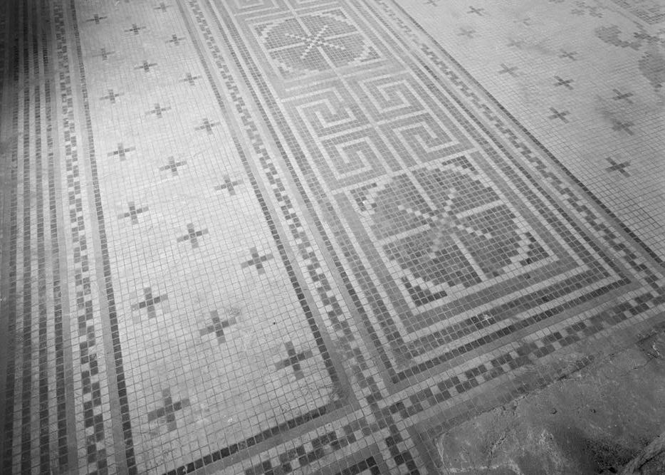 Cambrian Hotel, Jackson Ohio 1984 View of best remaining ceramic tile floor pattern, First Floor Hotel Lobby; majority of remaining ceramic tile floor destroyed or damaged beyond repair