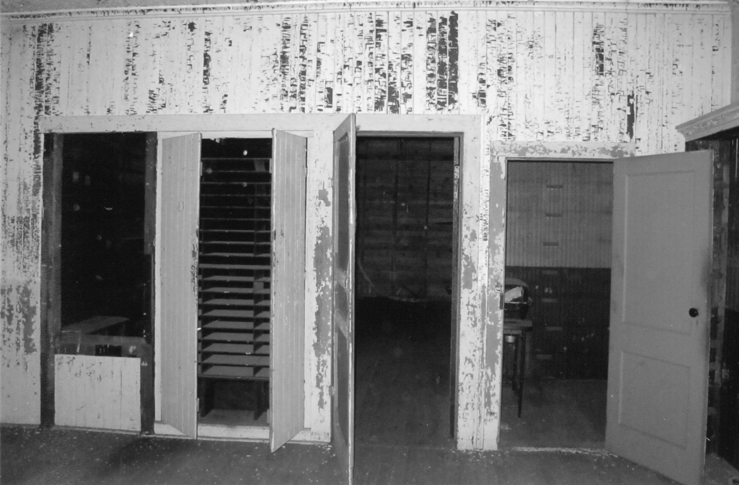 Wheeling and Lake Erie Railroad Depot, Lodi Ohio Interior view taken inside ticket office showing man door into baggage & freight room and pass through document cabinet (2012)