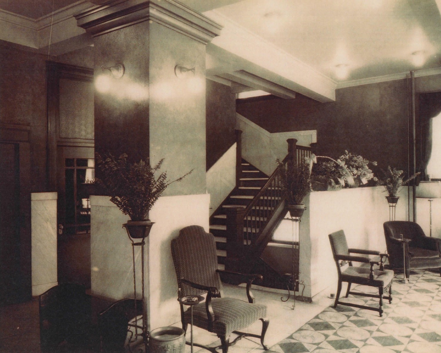 Hotel Rieger - Sanduskian, Sandusky Ohio Historic photo; hotel lobby looking northeast (1926)