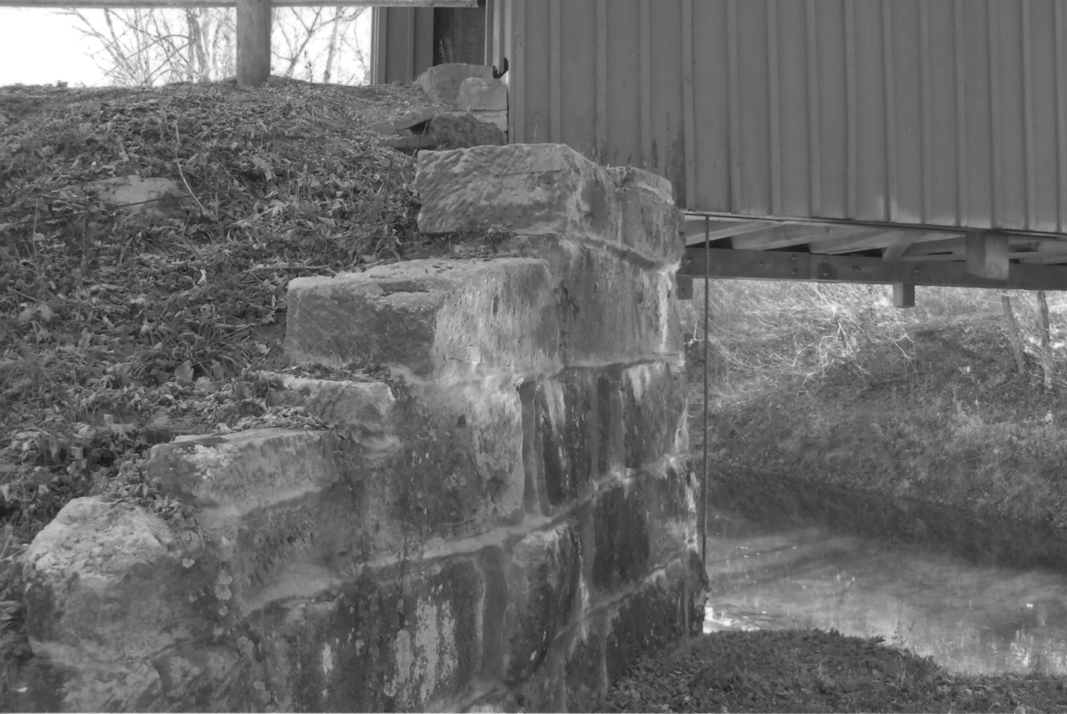 Bell Covered Bridge, Vincent Ohio View of sandstone abutment on Northwest side of bridge (2010)