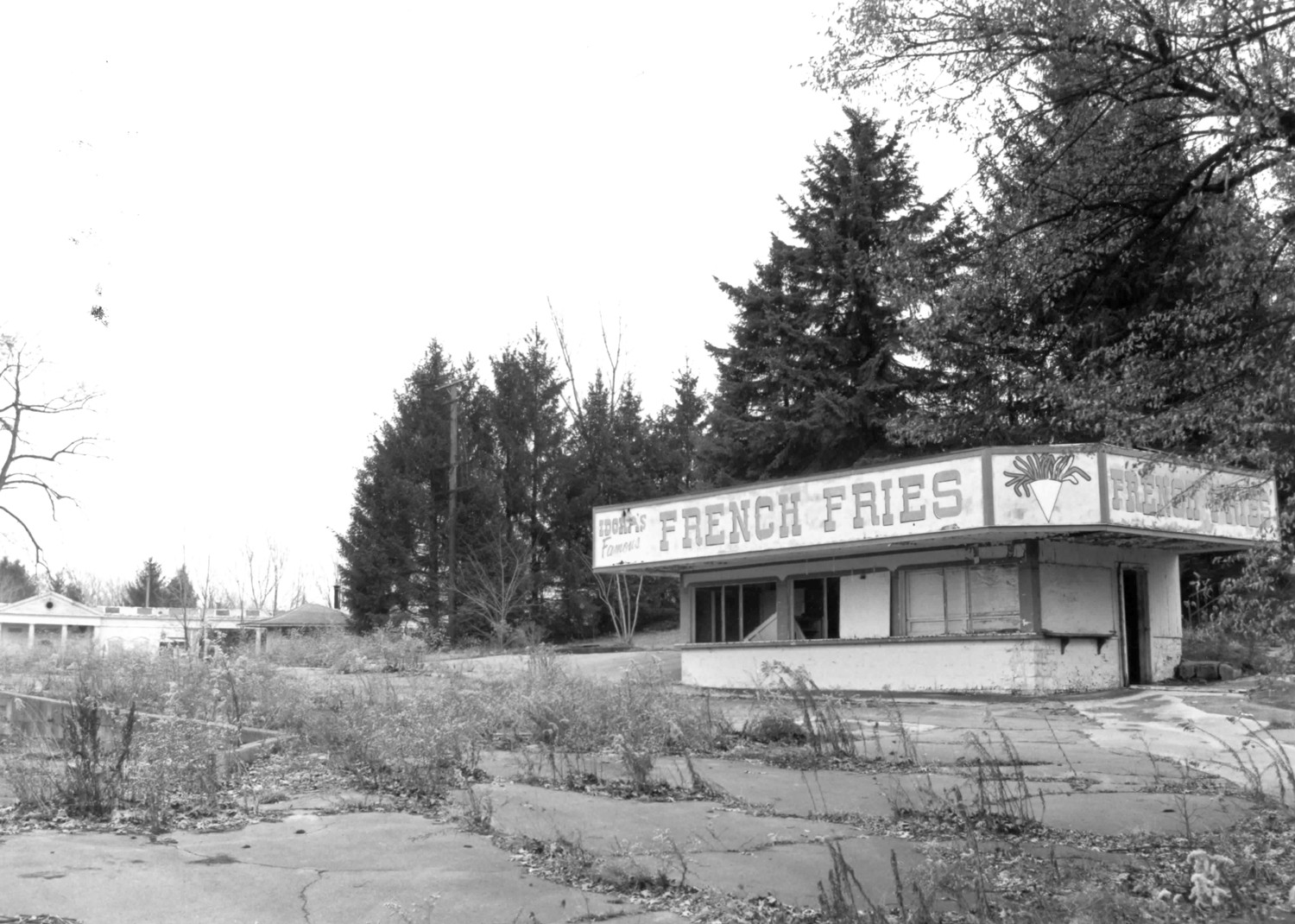 Idora Park, Youngstown Ohio French fry stand at the north end of the midway, looking southeast; at far left is a distant view of the former bath house (1992)