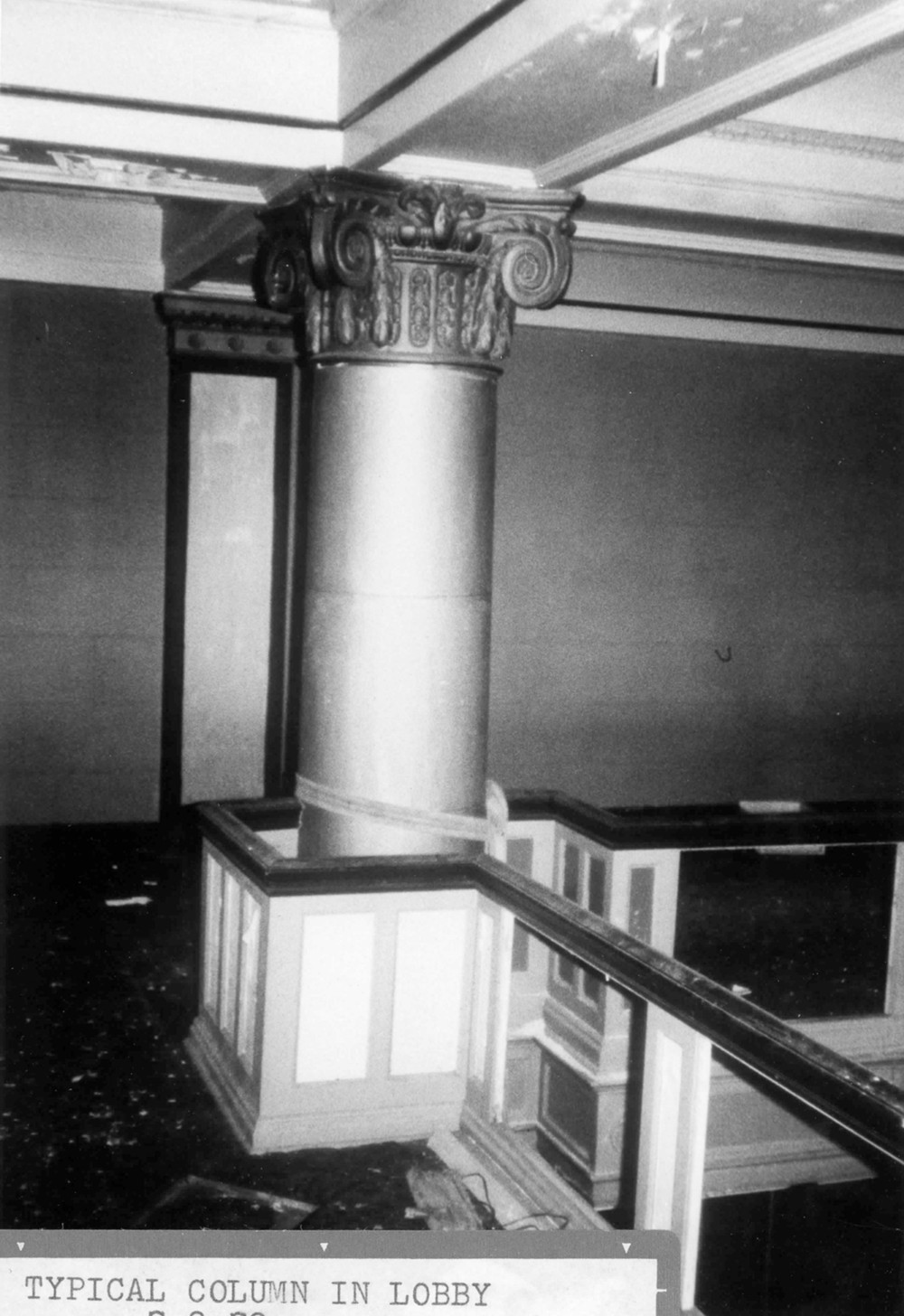 John Jacob Astor Hotel, Astoria Oregon Lobby space from mezzanine gallery, showing typical plaster Corinthian capital, shadow pilaster in background (1979)