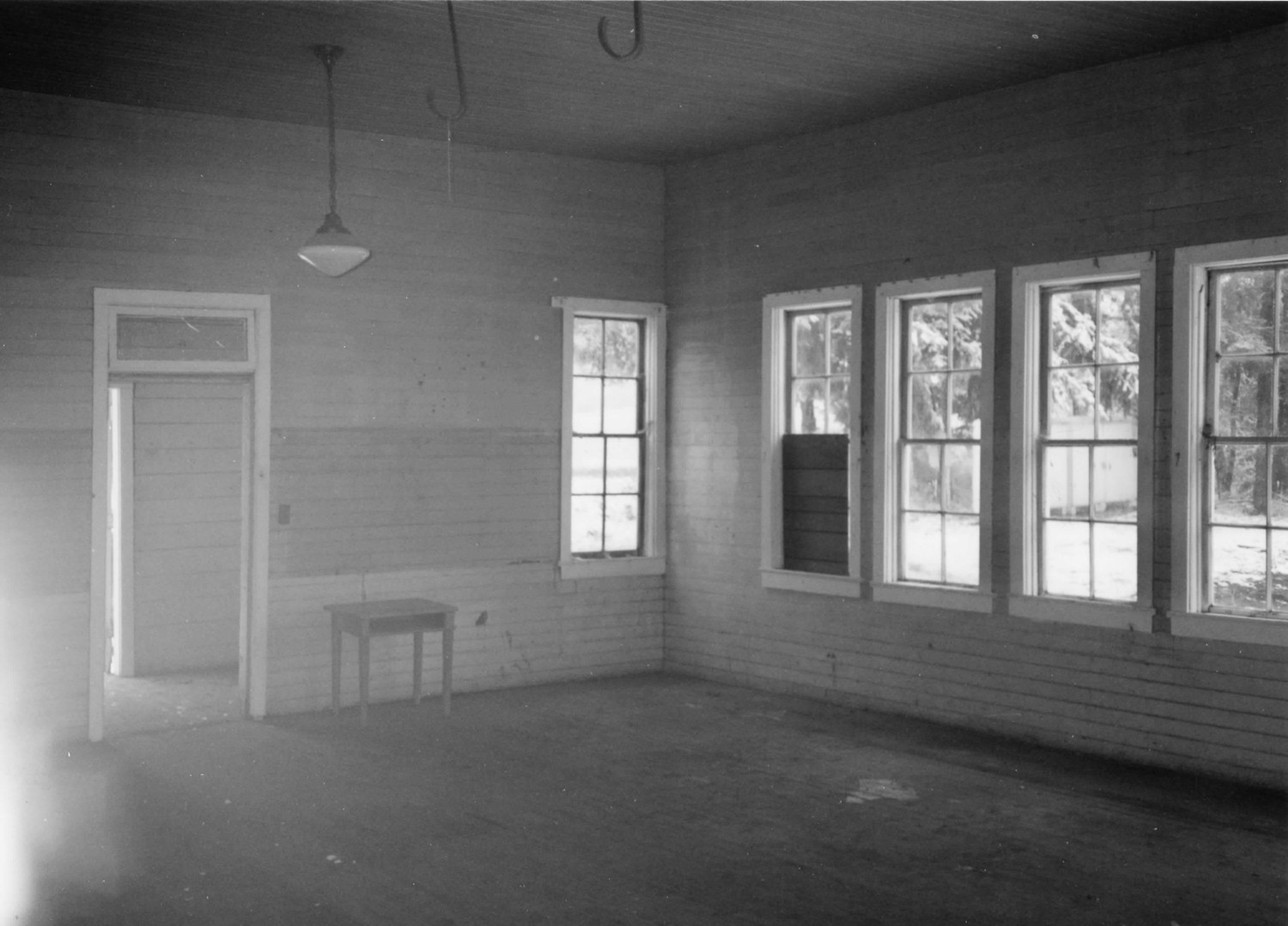 Victor Point School, Silverton Oregon South and west interior walls. Note metal straps that were once supporting the stovepipe (1996)