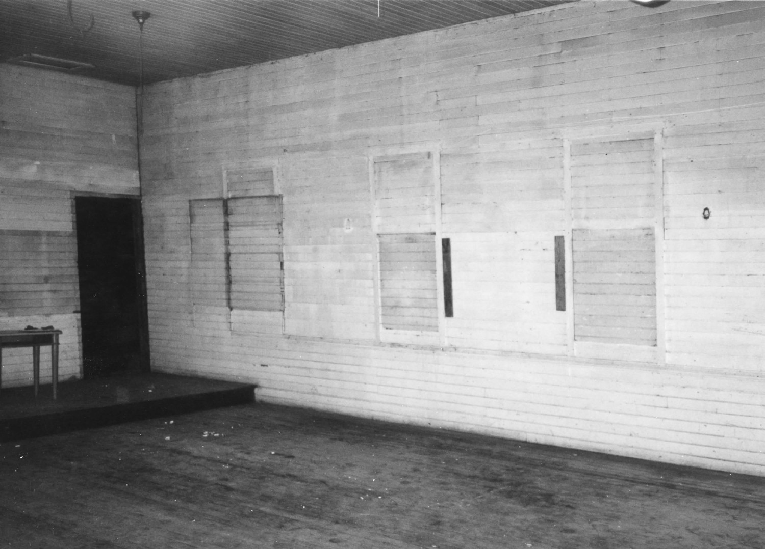Victor Point School, Silverton Oregon South wall showing where windows were removed and patched in. Square outline on wall is original location of the "library" (1996)