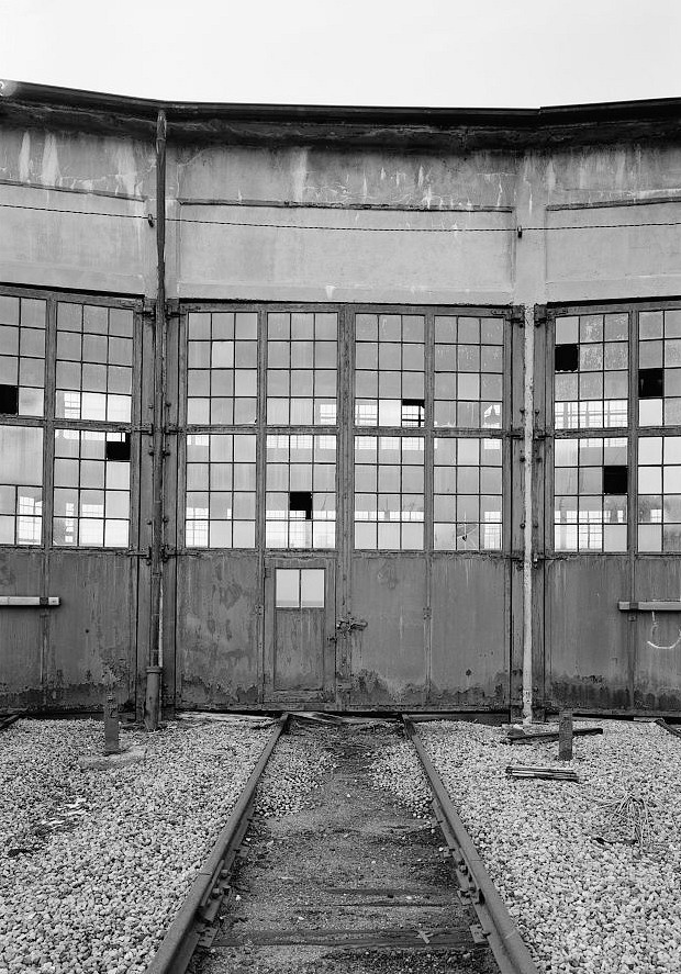 Bessemer & Lake Erie Railroad Maintenance Shops, Greenville Pennsylvania 2006 Doors for roundhouse stall 4. Note pedestrian door set in left stall door.