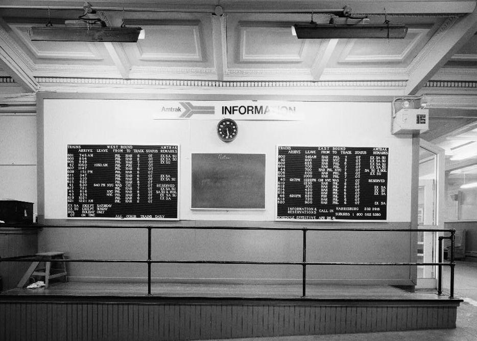 Harrisburg Train Station & Trainshed, Harrisburg Pennsylvania 1981F TRAIN SCHEDULE AND INFORMATION BOARD, NEW LOBBY, FIRST FLOOR