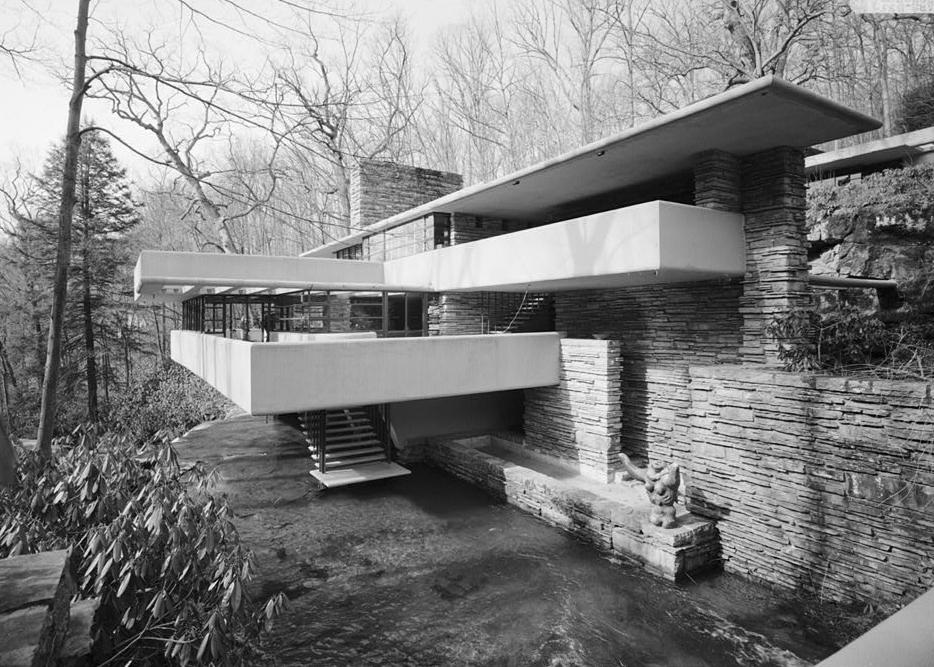 FallingWater - Frank Lloyd Wright House, Mill Run Pennsylvania 1VIEW OF EAST SIDE OF HOUSE FROM SOUTH END OF BRIDGE.