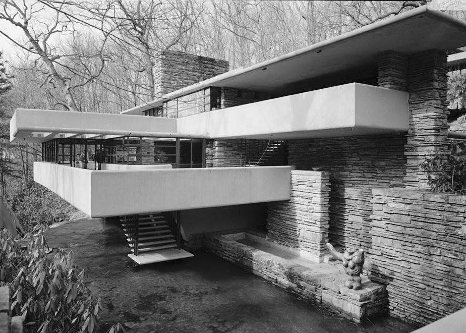 FallingWater - Frank Lloyd Wright House, Mill Run Pennsylvania VIEW OF EAST SIDE OF HOUSE FROM SOUTH END OF BRIDGE.