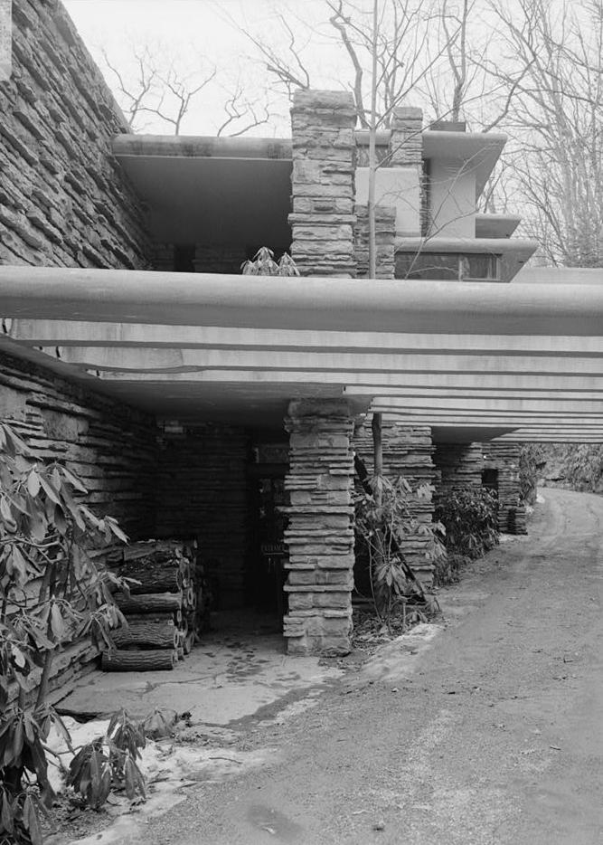 FallingWater - Frank Lloyd Wright House, Mill Run Pennsylvania TRELLIS BEAMS OVER MAIN ENTRANCE TO HOUSE, ON LEFT.