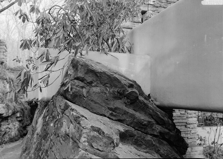 FallingWater - Frank Lloyd Wright House, Mill Run Pennsylvania CONCRETE BEAM ANCHORING WEST TERRACE INTO NATURAL ROCK.