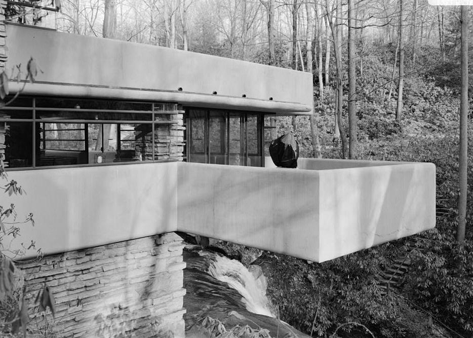 Falling Water - Frank Lloyd Wright House, Mill Run Pennsylvania WEST LIVING ROOM TERRACE OVER CREST OF WATERFALL.