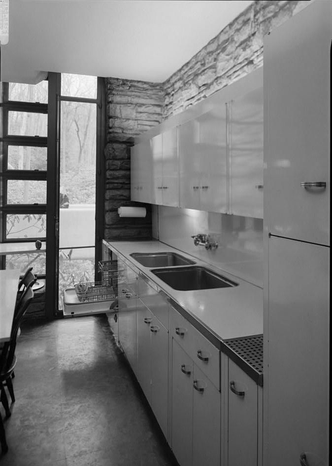 FallingWater - Frank Lloyd Wright House, Mill Run Pennsylvania ST. CHARLES STEEL CABINETS AND KITCHEN-AID DISHWASHER ALONG WEST WALL OF KITCHEN.