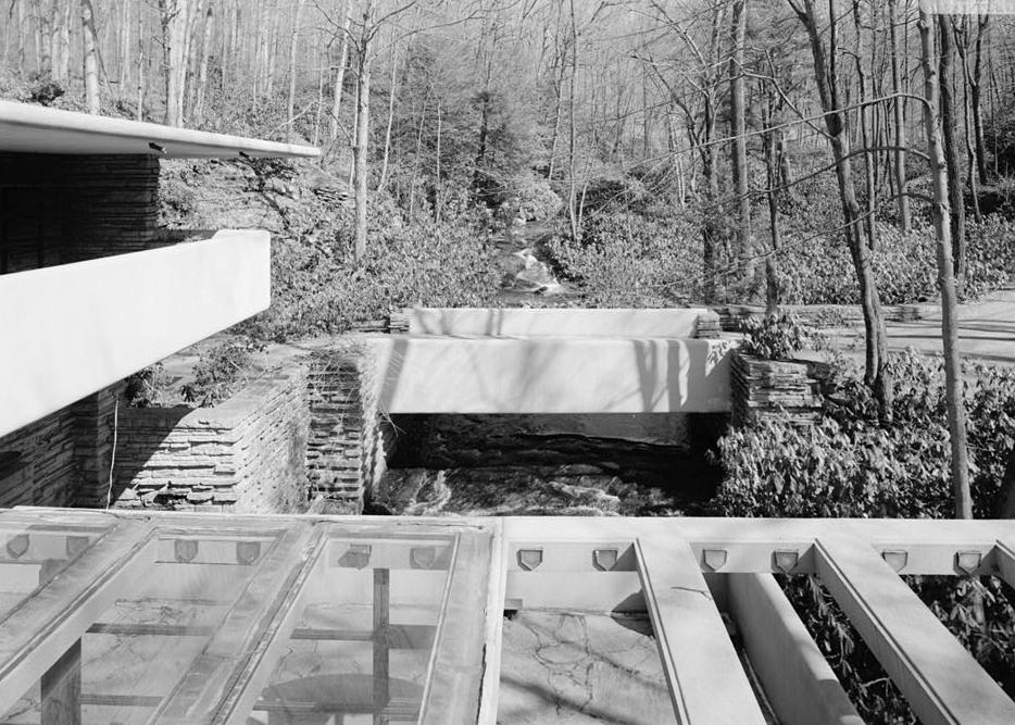 FallingWater - Frank Lloyd Wright House, Mill Run Pennsylvania VIEW FROM MASTER BEDROOM TERRACE OF BRIDGE ACROSS BEAR RUN