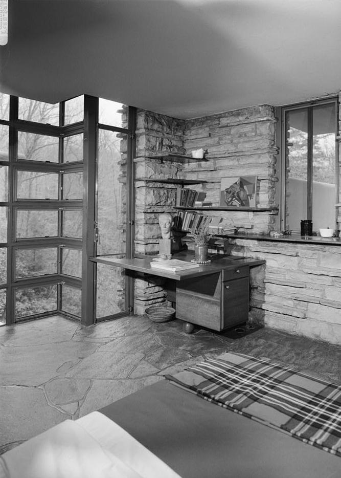 Falling Water - Frank Lloyd Wright House, Mill Run Pennsylvania DRESSING ROOM SHOWING FLOOR-TO-CEILING SOUTH WINDOWS AND BUILT-IN WALNUT DESK.