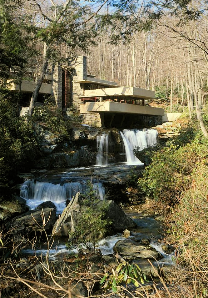Falling Water - Frank Lloyd Wright House, Mill Run Pennsylvania VIEW FROM SOUTHWEST OF HOUSE AS SEEN FROM DOWNSTREAM