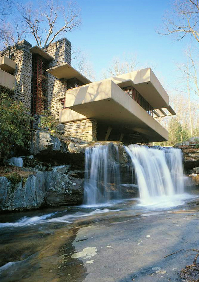 Falling Water - Frank Lloyd Wright House, Mill Run Pennsylvania VIEW FROM SOUTHWEST OF HOUSE AS SEEN FROM CREST OF LOWER FALLS (THE CLASSIC VIEW OF FALLINGWATER)
