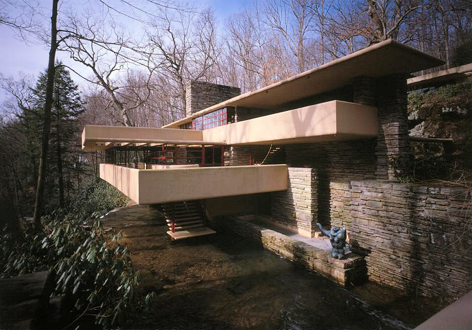 Falling Water - Frank Lloyd Wright House, Mill Run Pennsylvania VIEW OF EAST SIDE OF HOUSE FROM SOUTH END OF BRIDGE