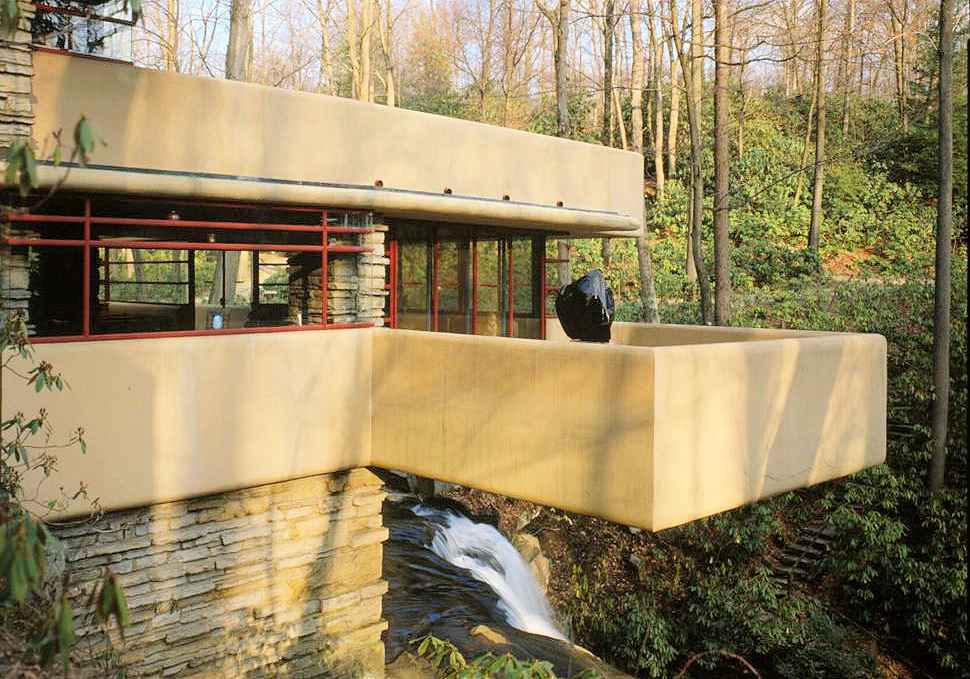 Falling Water - Frank Lloyd Wright House, Mill Run Pennsylvania WEST LIVING ROOM TERRACE OVER CREST OF WATERFALL