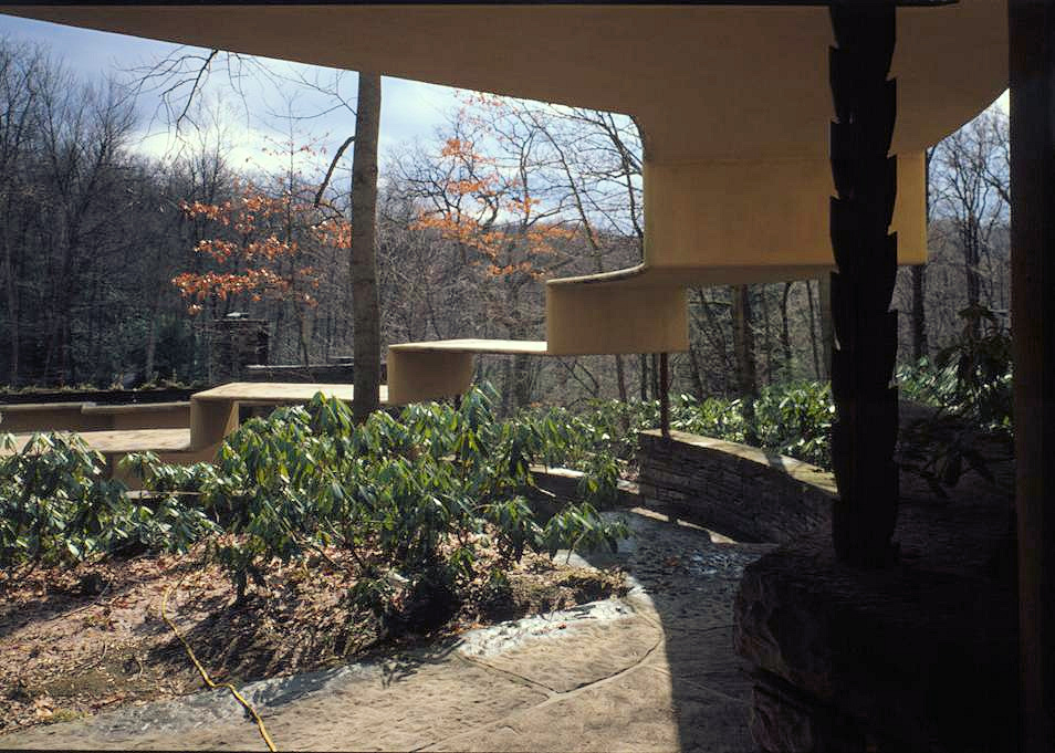 Falling Water - Frank Lloyd Wright House, Mill Run Pennsylvania CURVED CANOPY OVER WALKWAY FROM GUEST HOUSE TO MAIN HOUSE, VIEW FROM NORTH