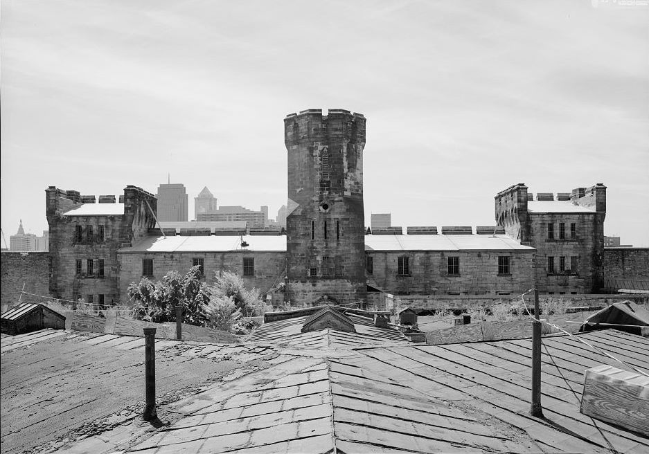 Eastern State Penitentiary, Philadelphia Pennsylvania Front administration building, looking from the south corridor roof, facing south (1998)