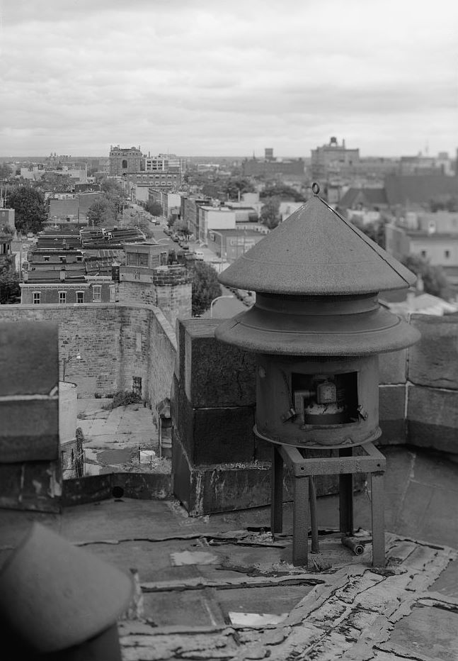 Eastern State Penitentiary, Philadelphia Pennsylvania Southeast guard tower, siren on top of administration building tower, facing east (1998)