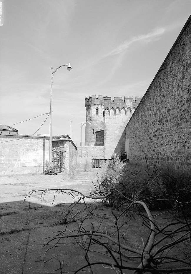 Eastern State Penitentiary, Philadelphia Pennsylvania View of the administration building, cell blocks seven and eight, looking from the southwest wall, facing east (1998)