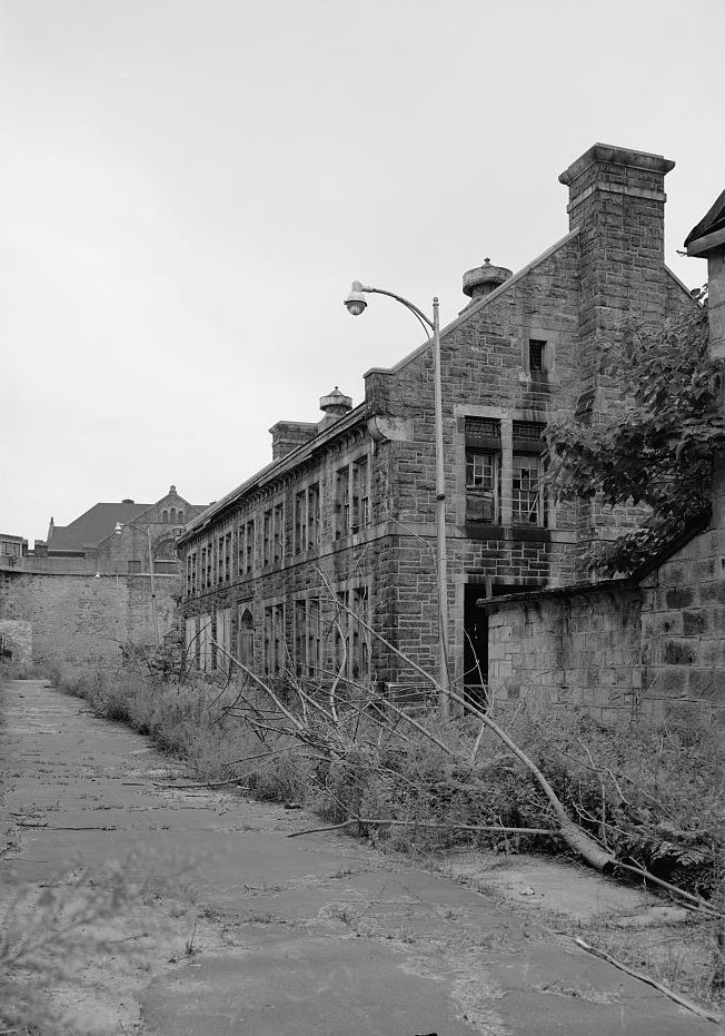 Eastern State Penitentiary, Philadelphia Pennsylvania Industrial building, looking from the west yard, facing north (1998)