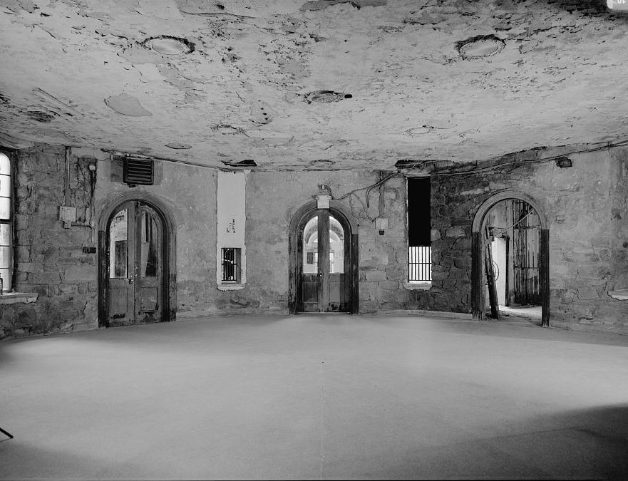 Eastern State Penitentiary, Philadelphia Pennsylvania Interior view, rotunda (note cell block one (left), south corridor (center), and cell block seven (right)) (1998)