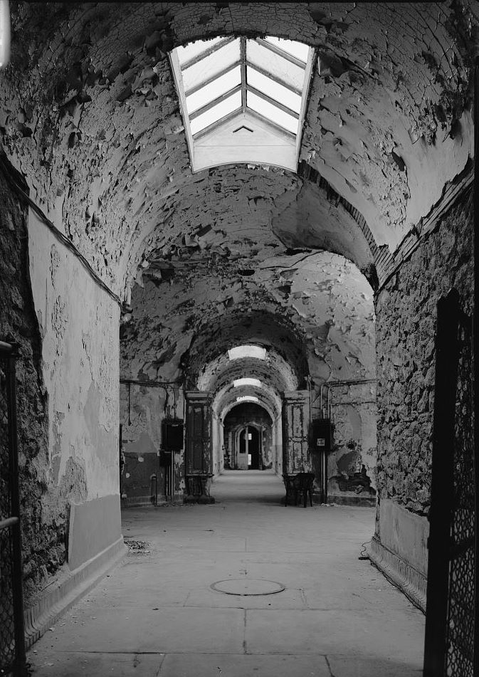 Eastern State Penitentiary, Philadelphia Pennsylvania Interior view, south corridor, looking from bertillion, facing north (1998)