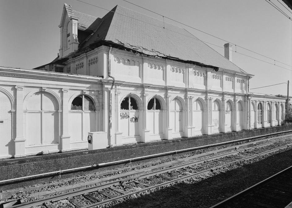 North Philadelphia Railroad Train Station, Philadelphia Pennsylvania South-West view; Station Building - north elevation, oblique