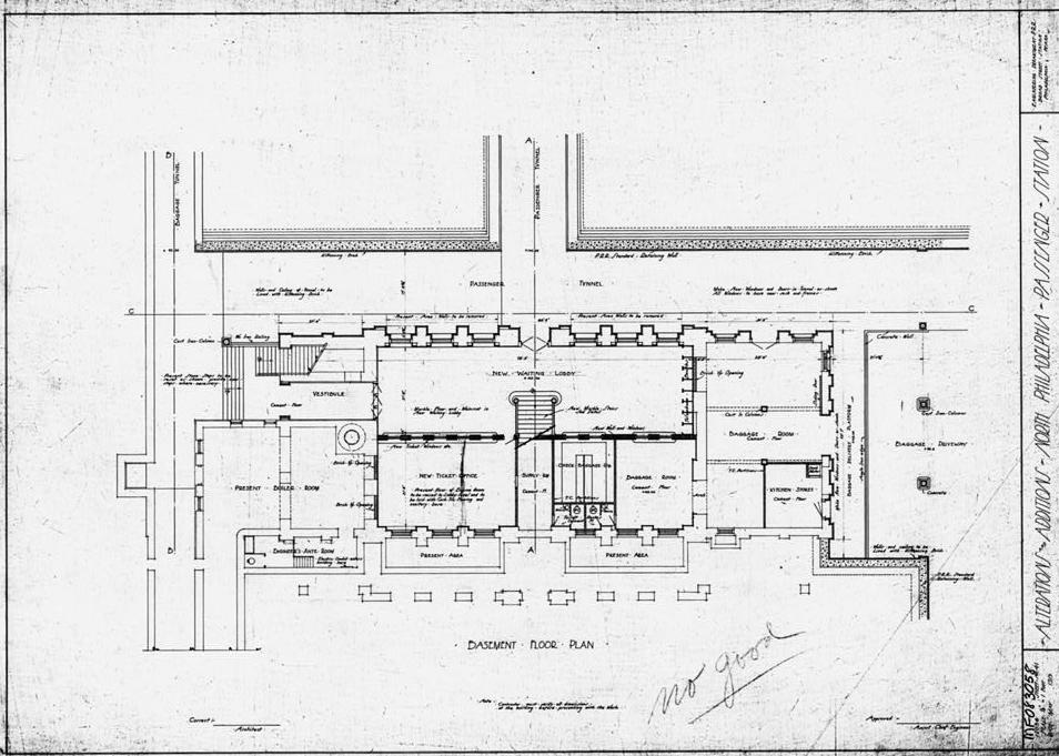 North Philadelphia Railroad Train Station, Philadelphia Pennsylvania Photograph of original drawing (original in possession of National Passenger Railroad Corporation). STATION BUILDING: Basement Floor Plan / Alterations and Additions (dated 5/1913). Proposed plan - not used