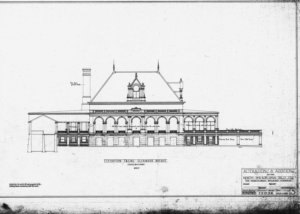 North Philadelphia Railroad Train Station, Philadelphia Pennsylvania Photograph of original drawing (original in possession of National Passenger Railroad Corporation). STATION BUILDING: South (front) elevation / Alterations and Additions (n.d.)