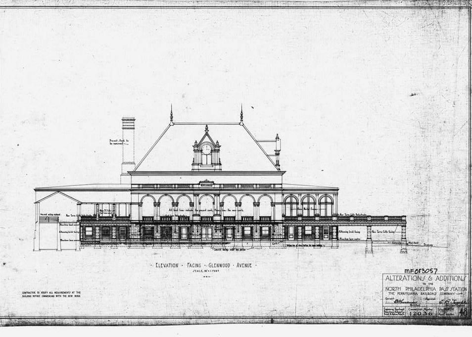 North Philadelphia Railroad Train Station, Philadelphia Pennsylvania Photograph of original drawing (original in possession of National Passenger Railroad Corporation). STATION BUILDING: South (front) elevation / Alterations and Additions; revised (n.d.)