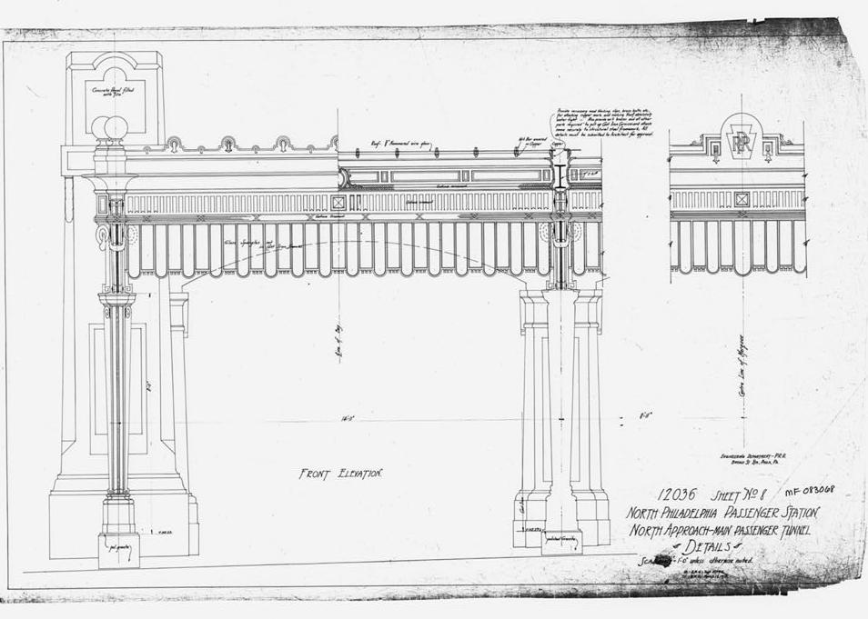 North Philadelphia Railroad Train Station, Philadelphia Pennsylvania Photograph of original drawing (original in possession of National Passenger Railroad Corporation). Front Elevation Detail of Marquee for North Approach to Main Passenger Tunnel (dated: 9/21/1912)