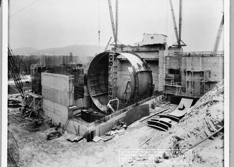 Shippingport Nuclear Power Station, Shippingport Pennsylvania ERECTION AND WELDING OF WEST BOILER CHAMBER, DECEMBER 21, 1955 (LOOKING NORTHEAST)