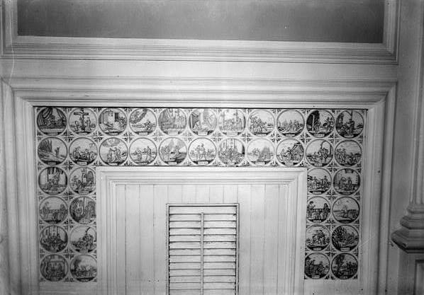 Wanton-Hunter House, Newport Rhode Island 1937 VIEW OF FIREPLACE WITH BIBLICAL TILES, NORTHEAST PARLOR CHAMBER ON SECOND FLOOR-