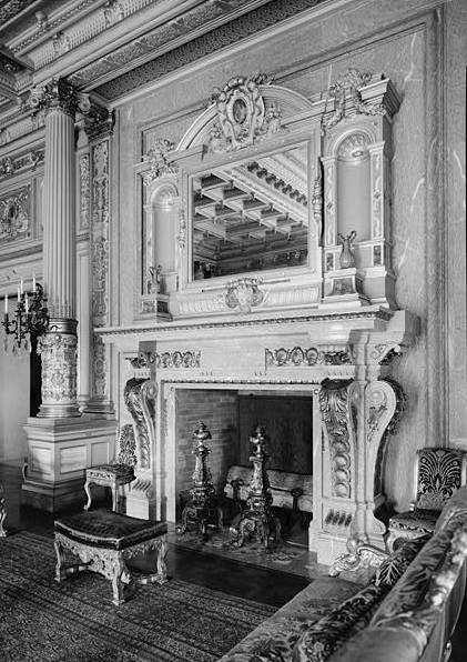 The Breakers (Cornelius Vanderbilt House), Newport Rhode Island DETAIL OF MUSIC ROOM NORTHEAST WALL WITH FIREPLACE FROM THE SOUTH