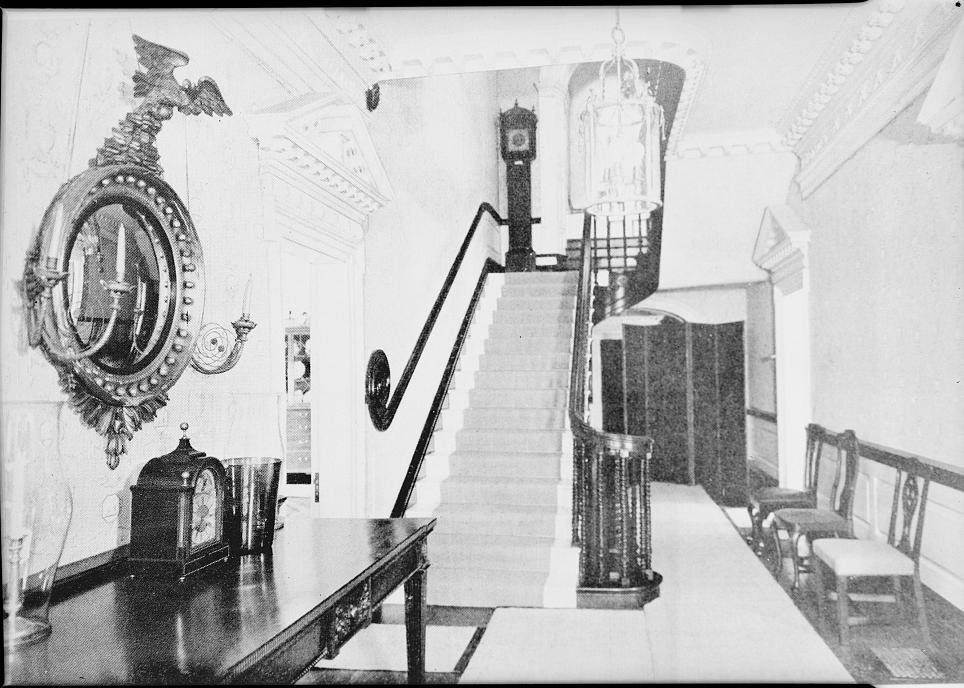 John Brown House, Providence Rhode Island 1937, from an old print, VIEW FROM THE SOUTH OF MAIN STAIRWAY FROM FIRST TO SECOND STORY.