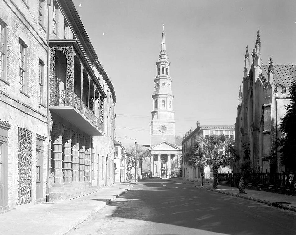 Church Street view with Dock Street Theatre and St. Philip's Church - Dock Street Theatre, Charleston South Carolina