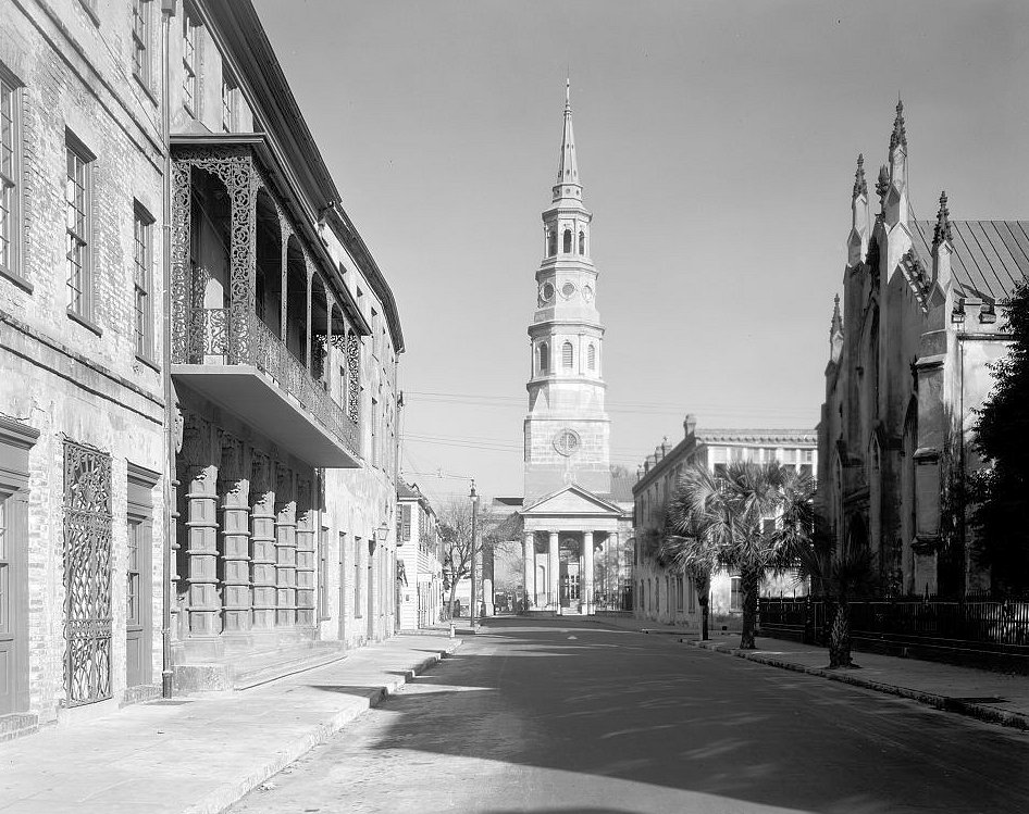 Church Street view with Dock Street Theatre and St. Philip's Church - Dock Street Theatre, Charleston South Carolina