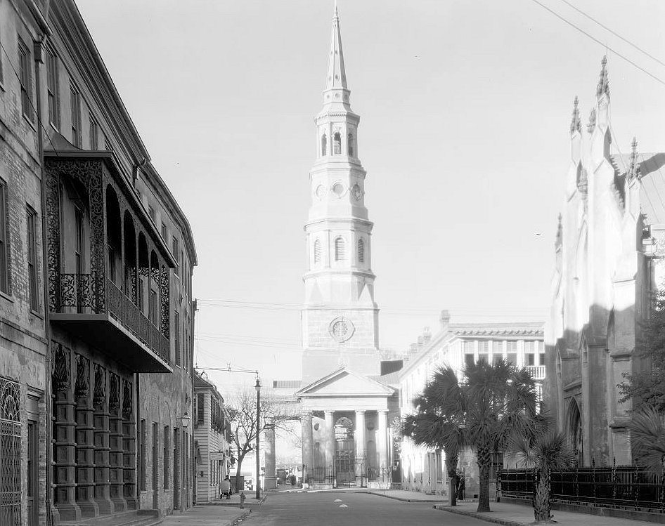 Church Street view with Dock Street Theatre and St. Philip's Church - Dock Street Theatre, Charleston South Carolina